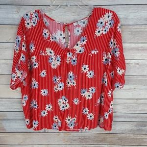Madewell Women's Blouse Medium Red Blue Brown Striped Floral Short Sleeve